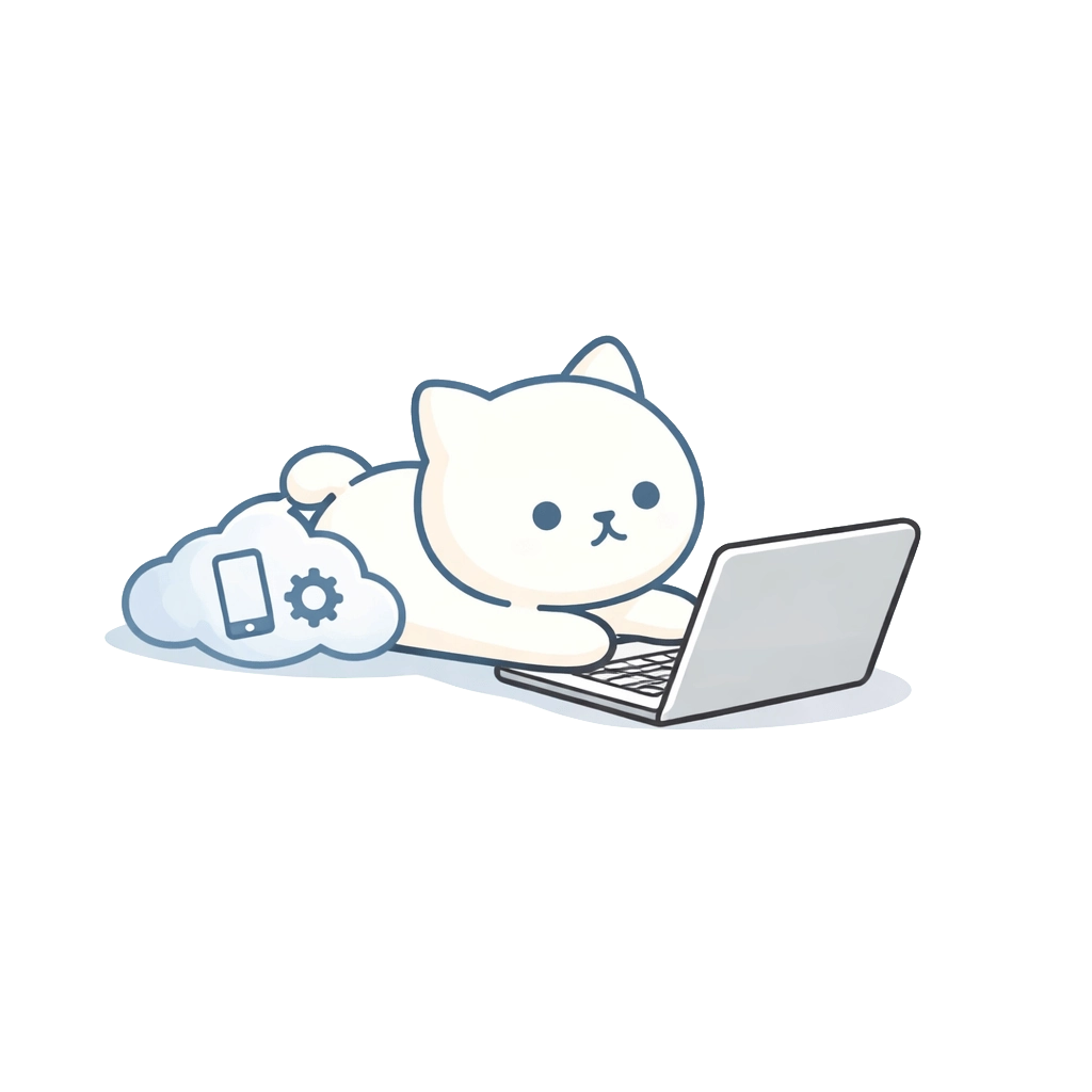 寝転んでノートパソコンを操作する楽ねこDXのイラスト