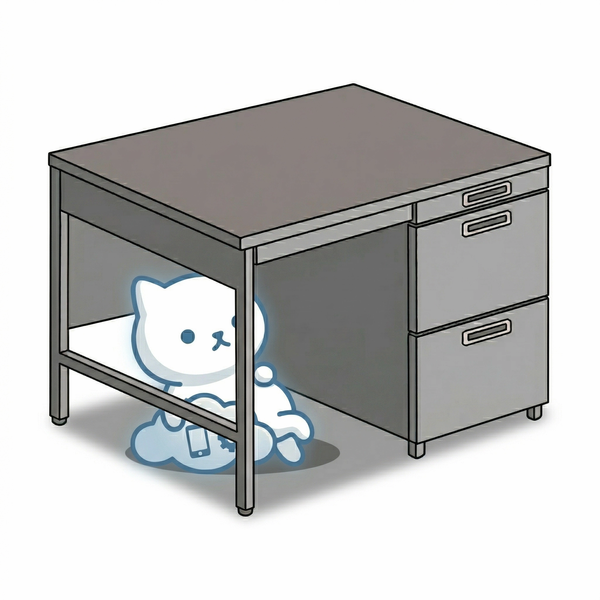 デスクの下でくつろぐ楽ねこDXのイラスト