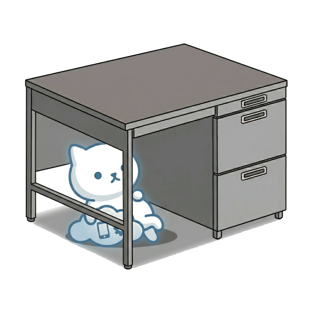 デスクの下でくつろぐ楽ねこDXのイラスト