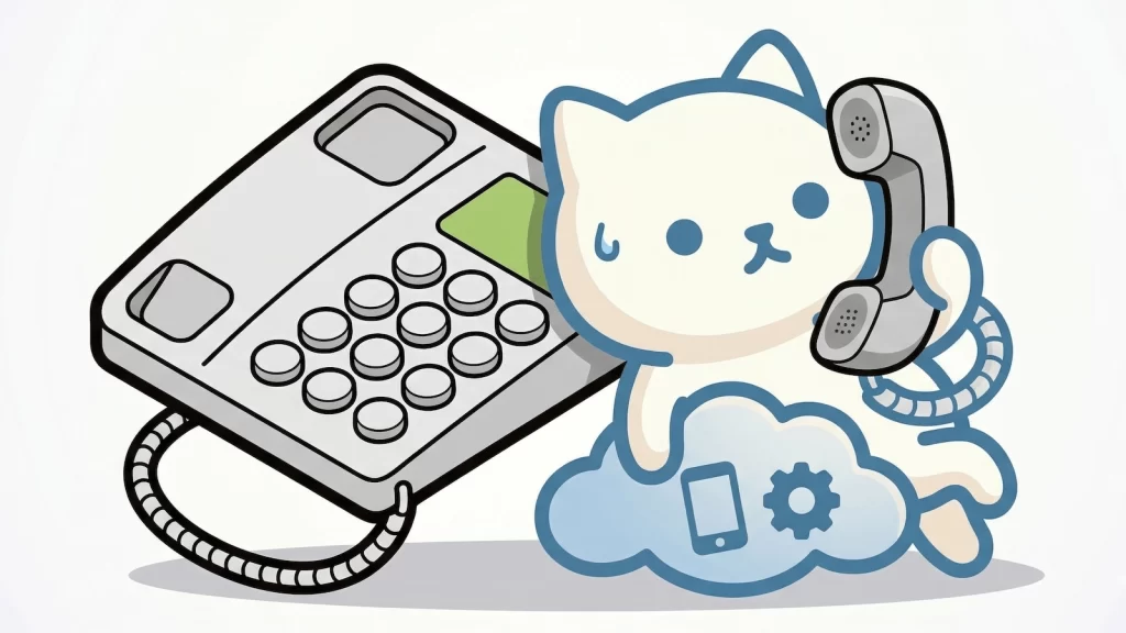 電話にもたれる楽ねこDXのイラスト