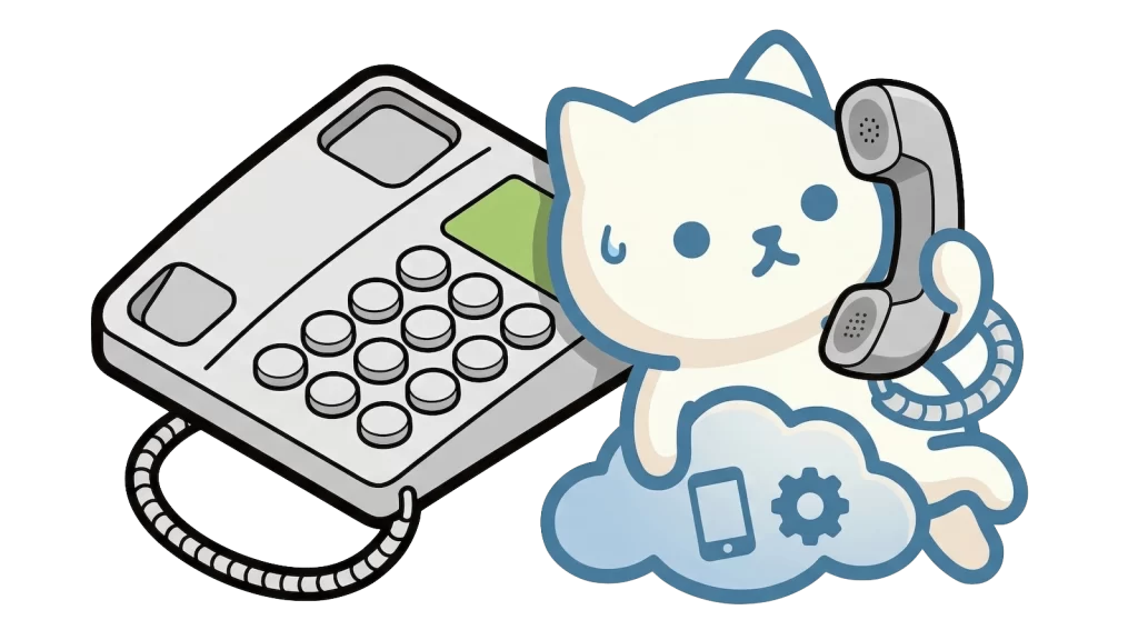 電話にもたれる楽ねこDXのイラスト