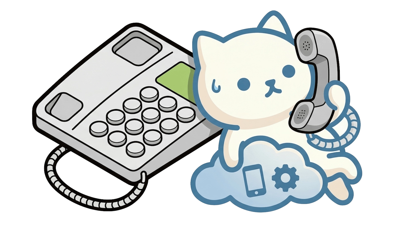 電話にもたれる楽ねこDXのイラスト