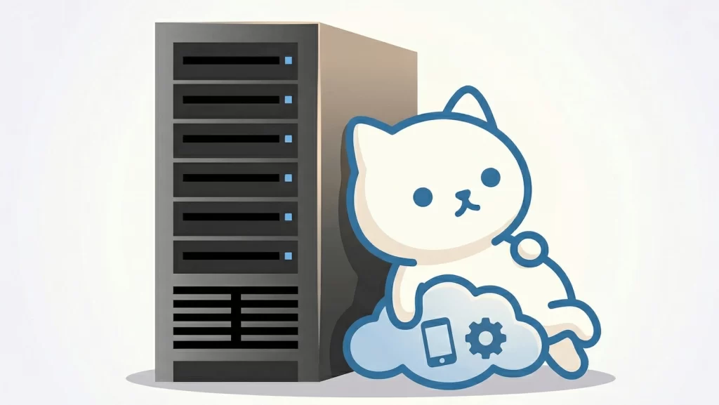 サーバーにもたれかかる楽ねこDXのイラスト