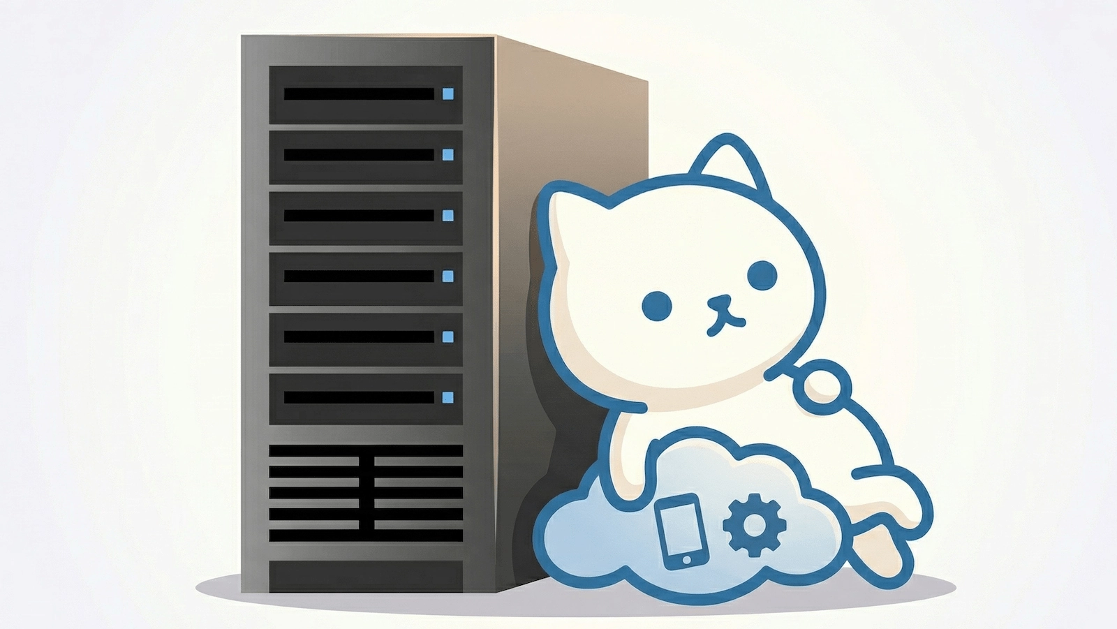 サーバーにもたれかかる楽ねこDXのイラスト