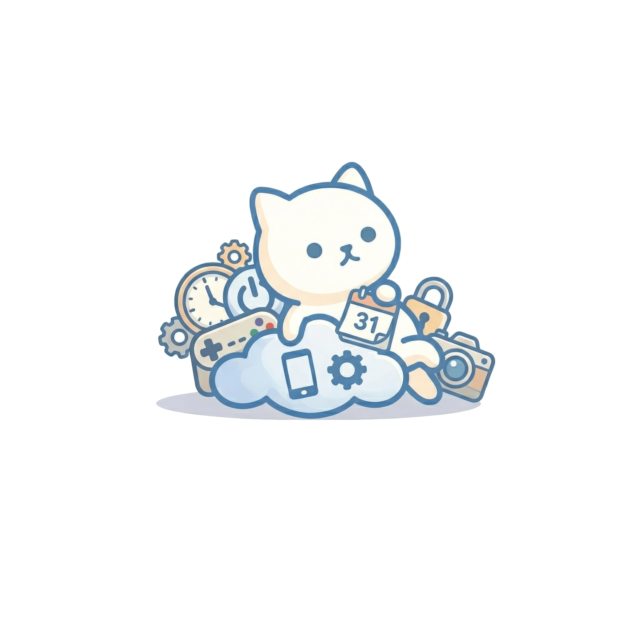 たくさんのツールに囲まれる楽ねこDXのイラスト